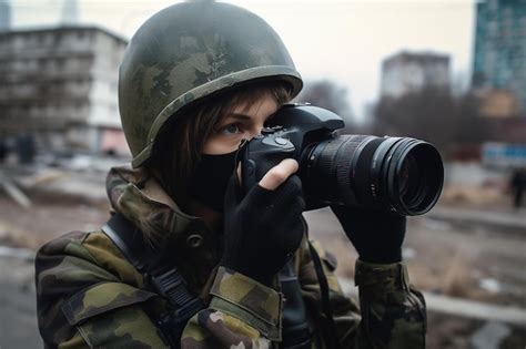 Premium AI Image | A soldier in a camouflage uniform takes a photo of a ...