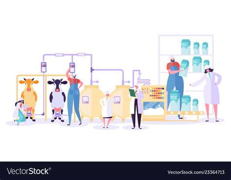 Milk factory production process character set Vector Image