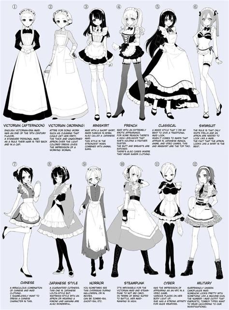 12 Types of Maid Outfits | Maid Outfits / Meido | Tecknade teckningar, Figurdesign, Ritutmaning