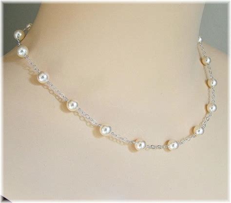 Cream Swarovski Pearl Tin Cup Necklace, Delicate Bridal Necklaces, Pearl Necklace Floating ...