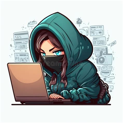 Cute Girl Hacker with Laptop. Avatar in Cartoon Style Stock ...