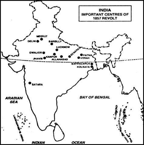 Locate all the central places of 1857 revolt on physical map of india ...