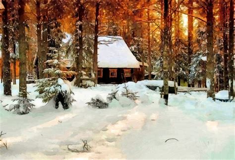 winter, Snow, Forest, Trees, House, Painting, Oil, On, Canvas ...