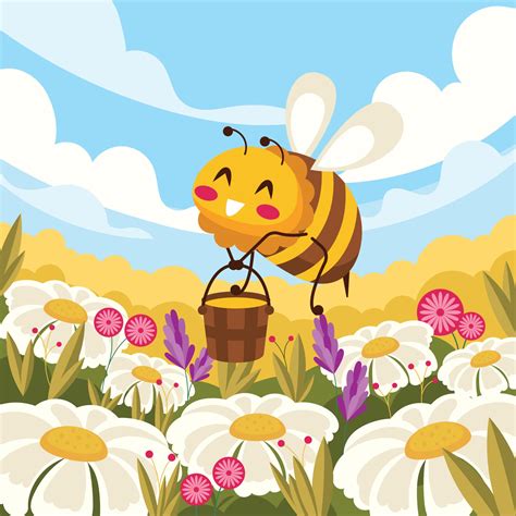 Smiling Bee at Flower Field Collecting Honey 2881693 Vector Art at Vecteezy