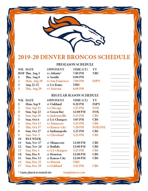 Printable 2019-2020 Denver Broncos Schedule