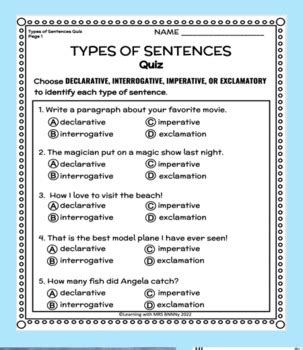 Journeys Gr. 4 Grammar Worksheets, Quiz, & Easel TYPES OF SENTENCES (Lesson 2)