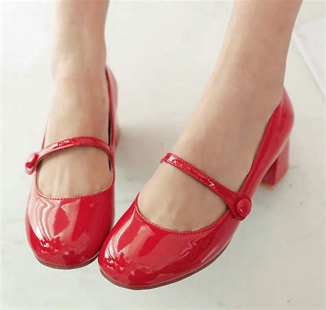 Big Size 11 12 Red Ladies Sweet Summer Mary Janes Shoes Women Soft PU Wedding Shoes Square Heel ...