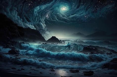 Premium AI Image | Oceanic night sky with stars and waves