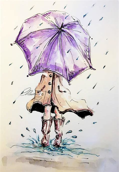 Rain Watercolor Painting Limited Edition Print Girl Under | Etsy