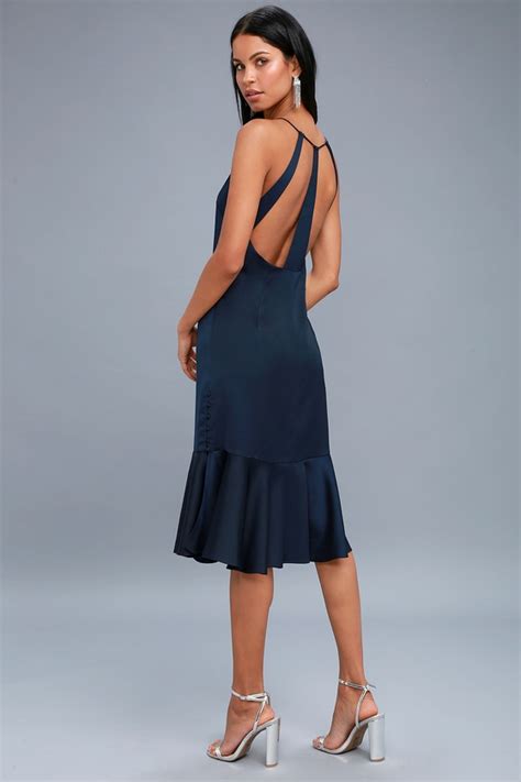 Sexy Navy Blue Dress - Satin Dress - Blue Midi Dress - Lulus