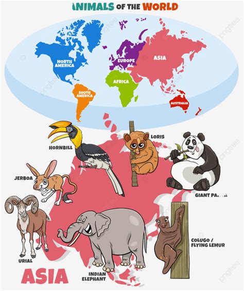 World Map Continents Vector Hd Images, Educational Illustration With Cartoon Asian Animals And ...