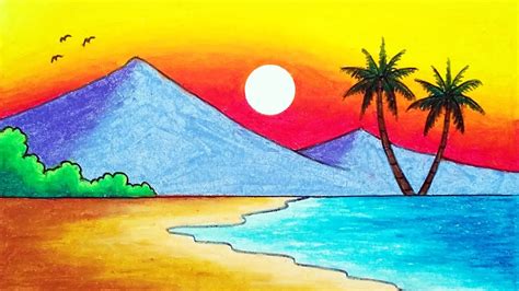 How to Draw Beautiful Sunset in the Beach | Easy Sunset Scenery Drawing