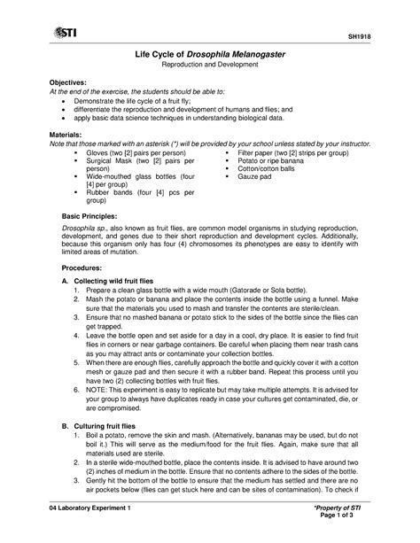 Fruit FLY LIFE Cycle - ... - SH 04 Laboratory Experiment 1 *Property of ...