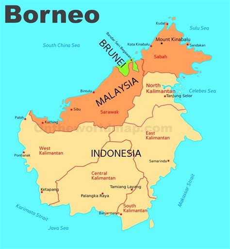 Administrative divisions map of Borneo - Ontheworldmap.com