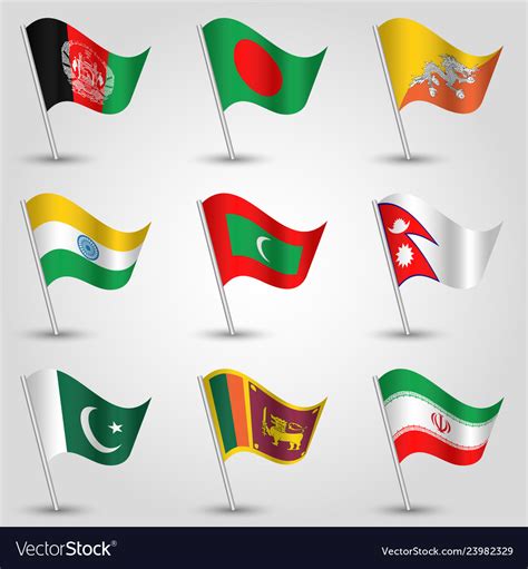 Set waving flags countries south asia Royalty Free Vector