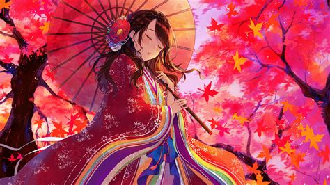 Anime, Girl, Kimono, Maple, Trees, Autumn, 4K, #66 Wallpaper PC Desktop