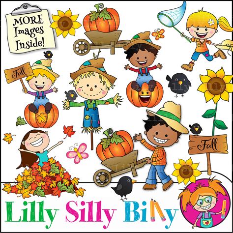 Scarecrow in Fall BLACK AND WHITE Plus Color Clipart Set. Pumpkin and Sunflowers, Butterflies ...