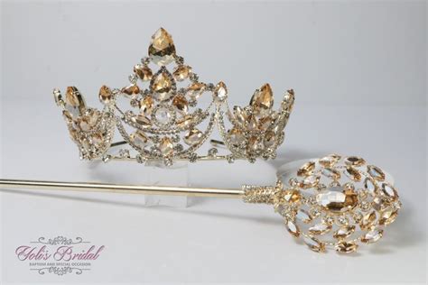 FAST Shipping Beautiful Gold Tiara With Honey Stones and Scepter, Wedding Crown, Crystal Crown ...