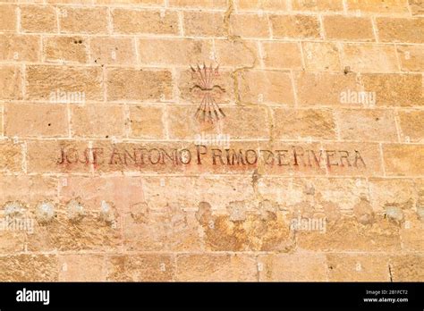 Jose antonio primo de rivera inscription and yoke and arrows, symbol of falangism on the almeria ...