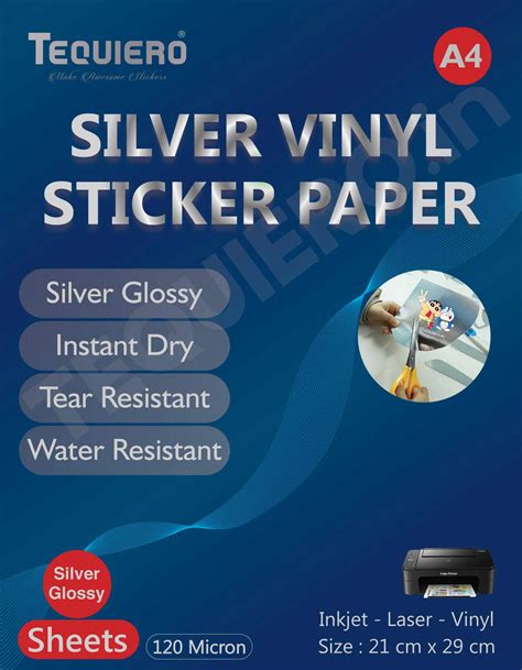 Silver Sticker Paper (Glossy Vinyl), A4 Size Waterproof Non-tearable Printable Self Adhesive ...