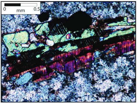 Photomicrograph (sample YD23, crossed-polarized light) of a pigeonite... | Download Scientific ...