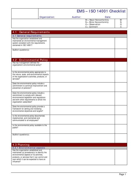 EMS – ISO 14001 Checklist: 4.1 General Requirements