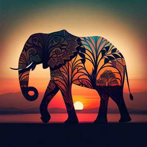 Elephant Illustration with Mandala and Intricate Texture on Sunset Background. Stock ...