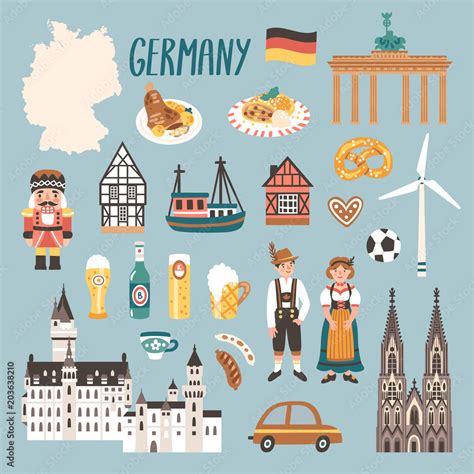 Vector icon set of Germany's symbols. Travel illustration with german landmarks, people, food ...