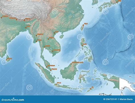 South East Asia Continent Illustration with the Capitals of the Countries Stock Illustration ...