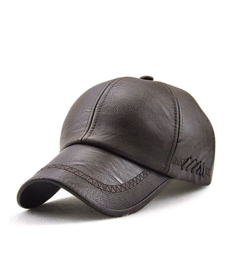 Black Leather Baseball Cap Hat Adjustabel Black - Dark Brown - CG187Q8NE7X