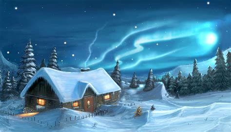 Romantic digital painting of snowy winter christmas winter night cottage in mountains. - ePuzzle ...