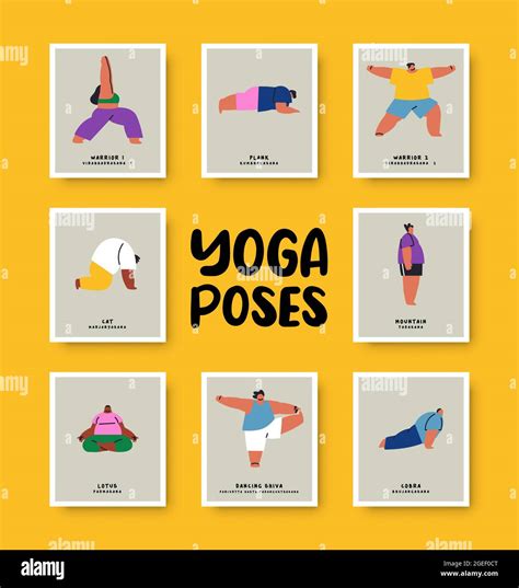 Set of different yoga pose list with names and funny young people ...