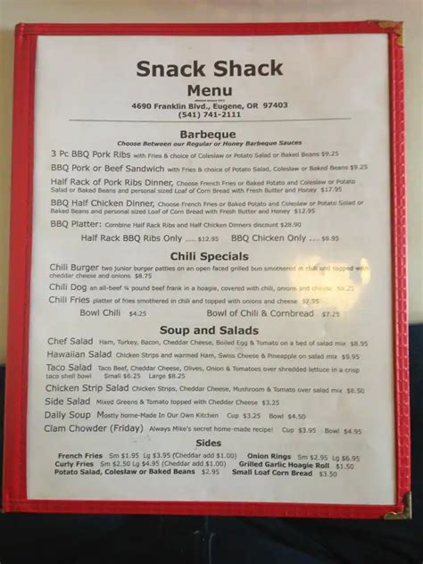 Menu at Snack Shack restaurant, Eugene