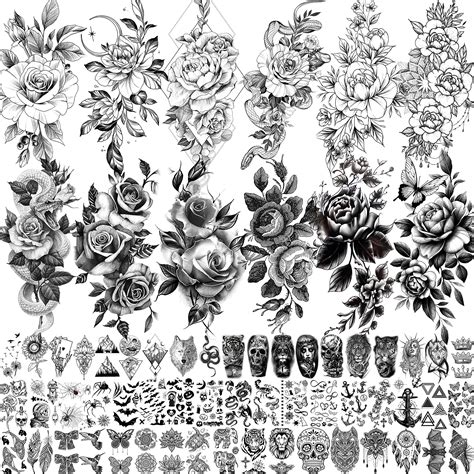 Buy VANTATY 65 Sheets Black Realistic Flower Temporary Tattoos For Women Arm Thigh, 3D Fake ...