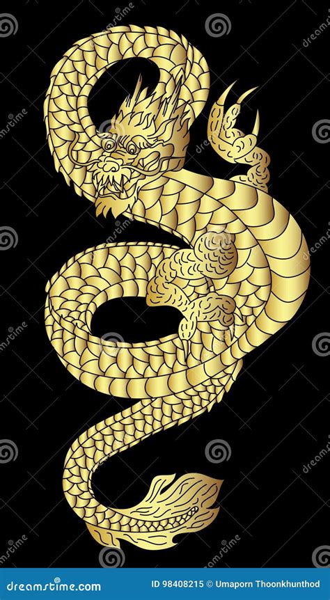 Hand Drawn Gold Dragon Japanese Tattoo Style on Black Background Stock Vector - Illustration of ...