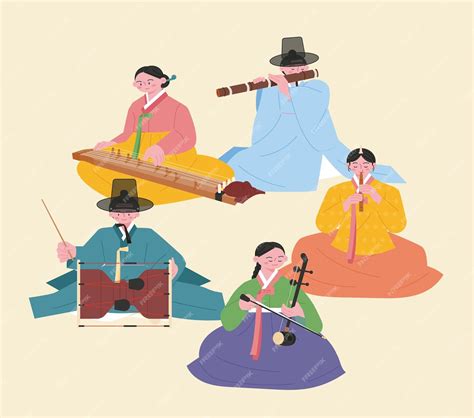 Premium Vector | Korean traditional music quartet people wearing hanbok are playing gayageum ...