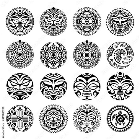 Set of round Maori tattoo ornament with sun symbols face and swastika. African, maya, aztec ...