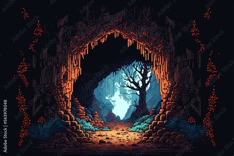 Pixel art cave entrance, natural tunnel, landscape in retro style for 8 bit game, Generative AI ...