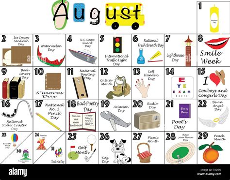 August 2020 calendar illustrated with daily Quirky Holidays and Unusual ...