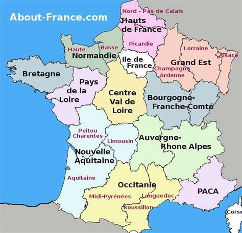 Map of the French regions, showing the regions of metropolitan France ...