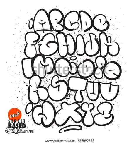 graffiti alphabet in black and white colors on a white background with an orange spot for text