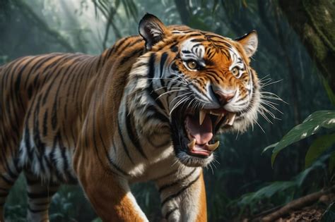 Premium AI Image | A Bengal tiger roar in the jungle Dangerous Bengal Tiger in forest attack pose