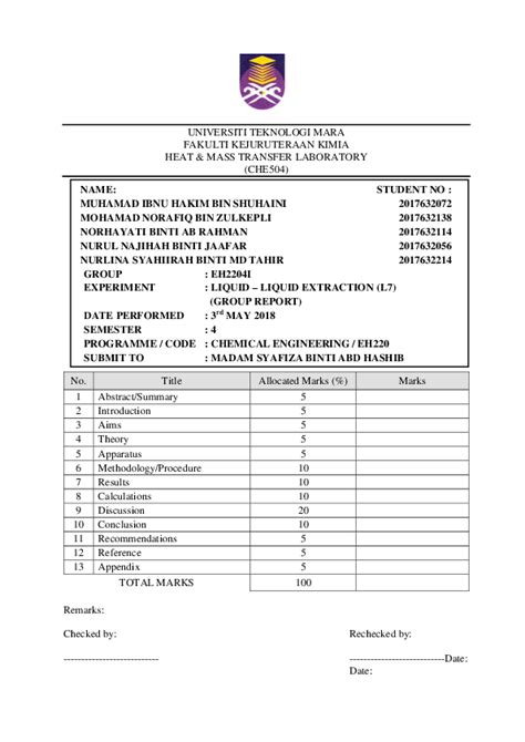 (PDF) CHE504 - Lab Report on Liquid - liquid Extraction (L7) (2018)