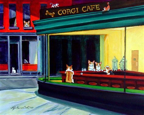 Corgi Cafe after Hopper Painting by Lyn Cook - Pixels