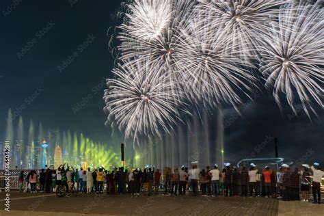 Qatar national day fireworks with Qatar skyline. Stock Photo | Adobe Stock