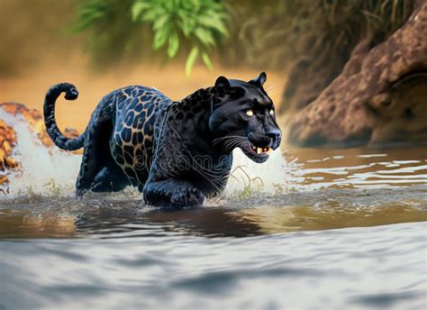 Black Jaguar Chasing Prey in the River Stock Illustration - Illustration of wildlife, animal ...