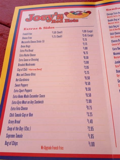 Menu at Joey's Red Hots restaurant, Orland Park