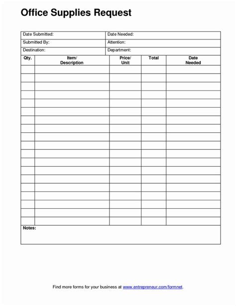 Office Supplies List Template