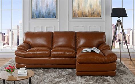 Leather Match Sectional Sofa, L-Shape Couch with Chaise Lounge (Right Chaise, Light Brown ...