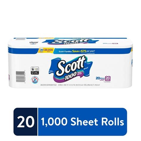 Scott 1000 Toilet Paper, 20 Rolls, 20,000 Sheets - Walmart.com ...